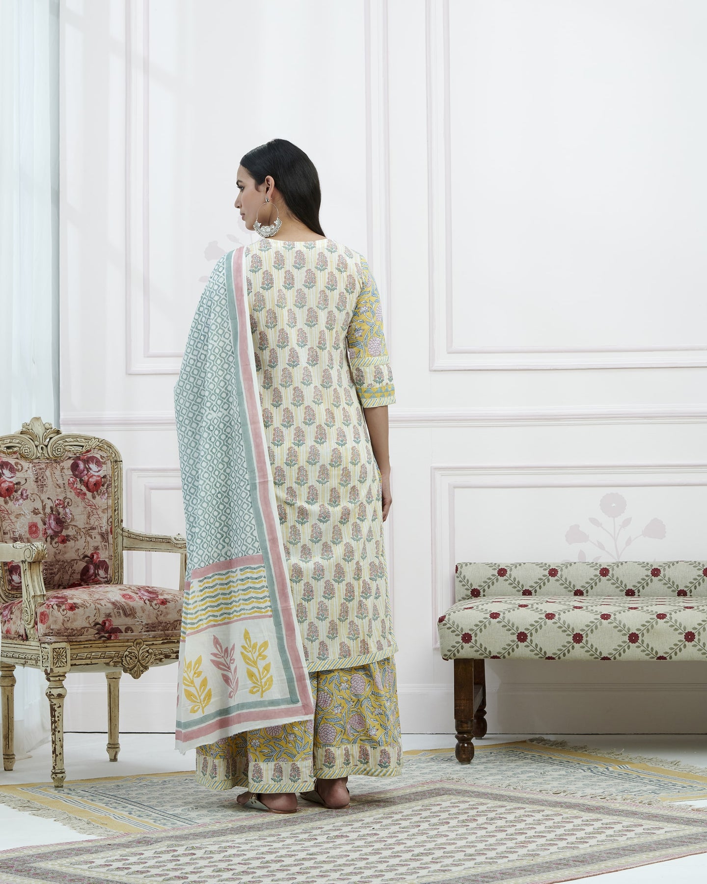 Hand Block Bagru Booti Print Plazzo Set With Seqin Hand Emb At Yoke